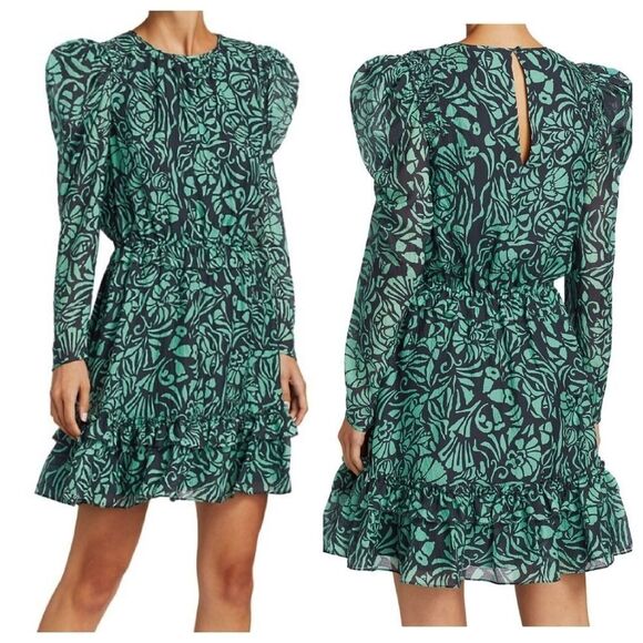 Tanya Taylor Telissa Ruffle Dress Green Navy Print Silk Dress Size 2 - Picture 2 of 16